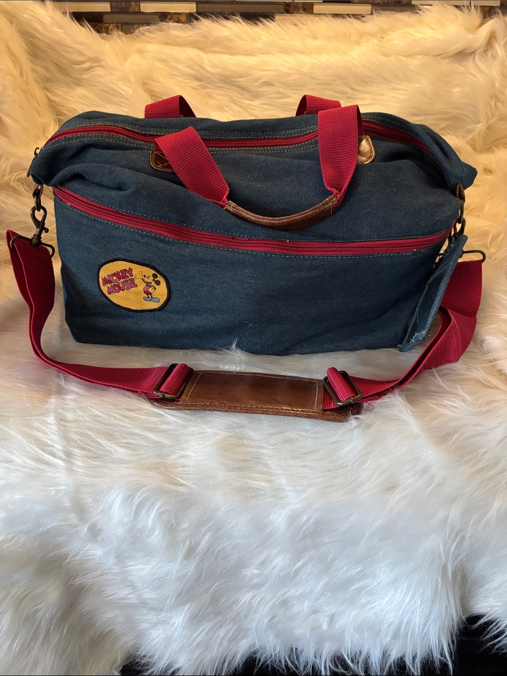 Denim Canvas Duffel Bag with Red Accents featuring Mickey Patch